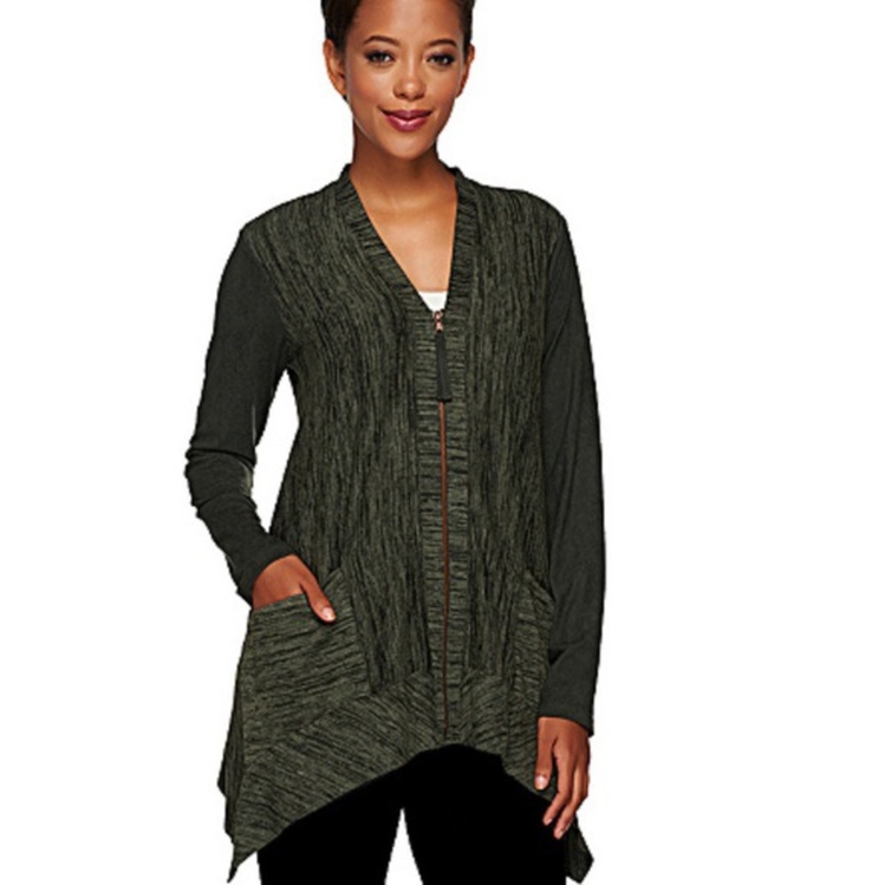 LOGO Lori Goldstein Faux Suede Sleeve Zip Cardigan